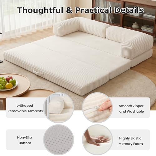 Image of Convertible Sofa Bed, Tri-Fold Foldable Mattress with Removable Arms & Washable Cover, Portable Mattress Futon Sofa Bed, No Assembly Required & Non-Slip, Queen Size, Beige