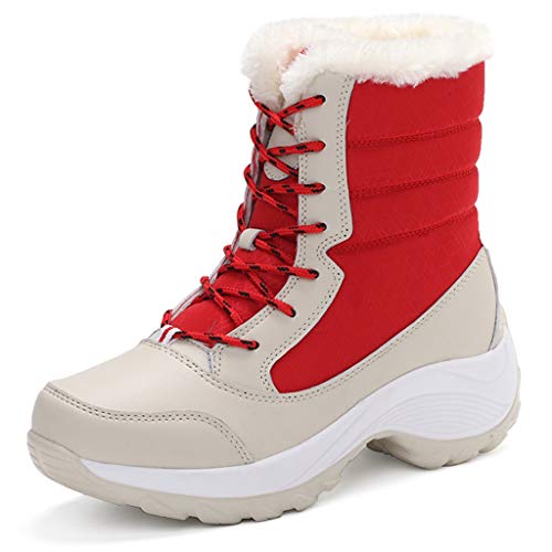WODE Botas Cortas de Nieve para Mujer Cálida Moda Cómoda Casual Artificial PU Adherida Fieltro Enchufe Helado Caminando Compras Raquetas de Nieve,Red-35