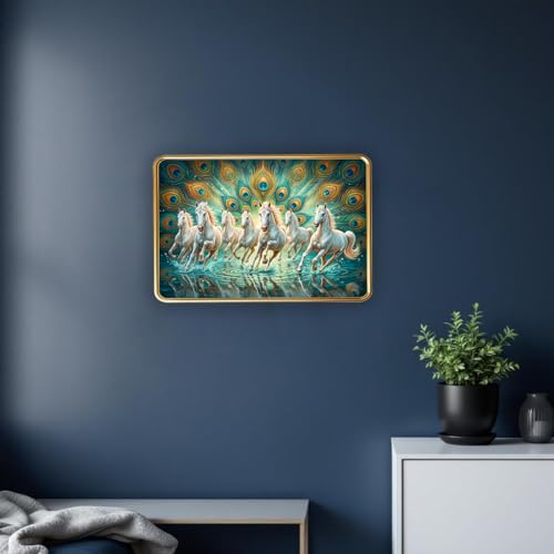 Image of Dharvika Innovations Vastu 7 Seven Running Horse Photo Frame, Golden Slim Frame, Sparkle Coated Lamination, 30x45 cm (Design 19)