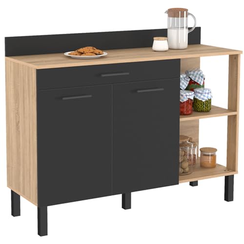 IDMarket - Aparador bajo de cocina 120 cm CINA encimera H.83 cm 2 puertas + cajón de haya y negro