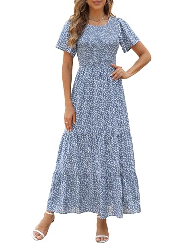 Image of Kranda Women 2025 Summer Fall Crewneck Short Sleeve Smocked Floral Maxi Dress