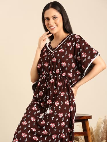 Image of Rupa Jon Aishwarya Women Full Length Printed Kaftan Nighty in Premium Cotton Blend Fabric, Night Dress, Maxi Nighty for Comfortable Everyday Wear