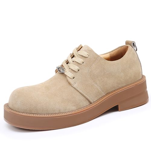 Men's Suede Platform Oxfords with Metal Decor Retro Round Toe Lace Up Non-Slip Lug Sole Chunky Heel Heightening Derby Shoes for Casual Business Work Dress Shoes
