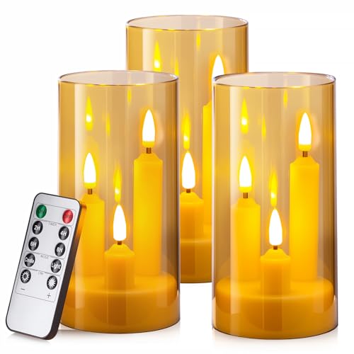 Image of Hausware 3-in-1 Flameless LED Taper Candles with Remote - Battery Operated, Realistic & Portable Candles Set,3-Pack,Durable Indoor /Outdoor Decor (Gold)