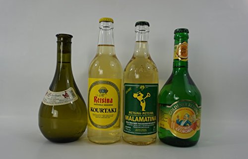 24x 500 ml Retsina 4 Sorten 24 Flaschen - Kechribari Malamatina Kourtaki Golden - Super Spar Probier Set - geharzter Weißwein aus Griechenland 24 Flaschen Weiß Wein + 2 Probiersachets a 10 ml Olivenöl von Kreta gratis