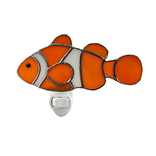 Image of CHEZBABY Stained Glass Red Clownfish Plug-in Night Light | Art glass shade, 1W LED bulb, 120V rotatable plug with switch, Ocean-inspired charm for bedroom,hallway,living room,kitchen.