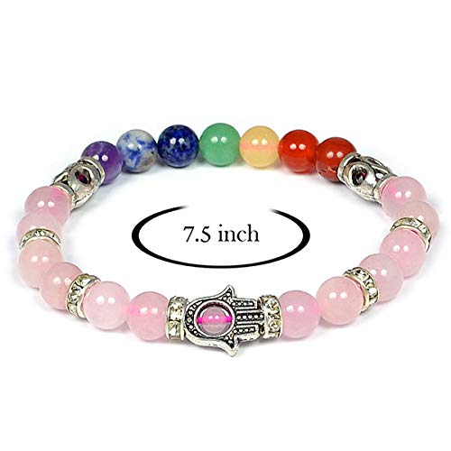 Image of Reiki Crystal Products Certified Natural Crystal Stone 7 Chakra with Hamsa 8 mm Round Beads Bracelet for Men & Women | Reiki Charged Gemstone Bracelet | Multiple Stone Variants Available