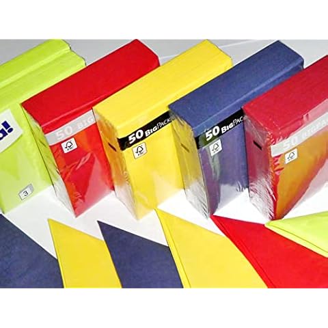 Pack of 260 napkins, colour combination, 60 x green (apple green), 50 x burgundy, 50 x blue, 50 x yellow, 50 x red, 3-ply, 1/4-fold, 33 x 33 cm Cover
