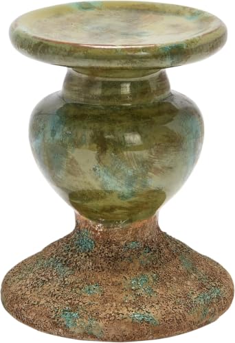 Image of Creative Co-Op 2-Tone Sculptural Terracotta Pillar Candle Holder, Distressed Green 4.5 inch W x 5.25 inch H (Pack of 8)