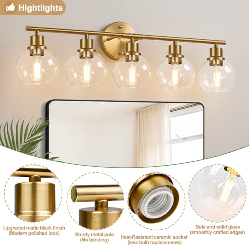 Image of Indoi 5-Light Bathroom Light Fixture, Modern Brushed Gold Bathroom Lights Over Mirror with Clear Glass Globe Shades, Vanity Lighting Fixtures for Kitchen, Living Room, Hallway, Bedroom, Porch