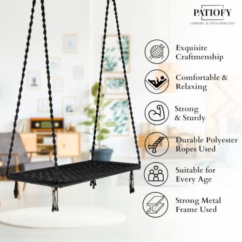 Image of Patiofy Double Seater Plank Swing for Adults | Indoor and Outdoor Use | Jhula for Adults | Hanging Kit Included | Weight Capacity - 150 Kg - Black