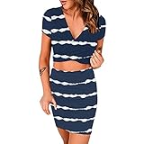 Petite Pant Suits Women Sexy Stripes Printing Two Piece Outfits Tight Cross Knots Short Pencil Skirt Plus Size Blue