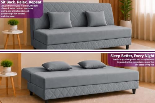 Image of Deco Studio 3 Seater Sofa Bed | Premium Upholstered Velvet Fabric Folding Couch for Living Room, Guest Room & Bedroom | Quilted Backrest with 2 Cushions (Grey)