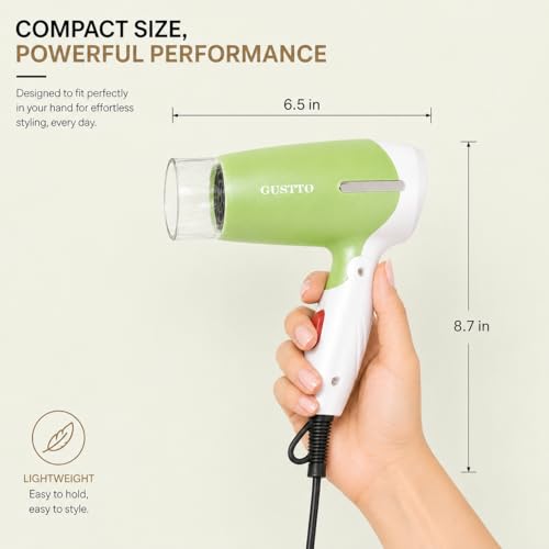 Image of GUSTTO Foldable Hair Dryer 1100W | Compact Travel-Friendly Hair Dryer with Foldable Handle, Hanging Ring, 2 Heat & Speed Settings, Narrow Concentrator, Lightweight & Portable (Lush Green), BIS Certified