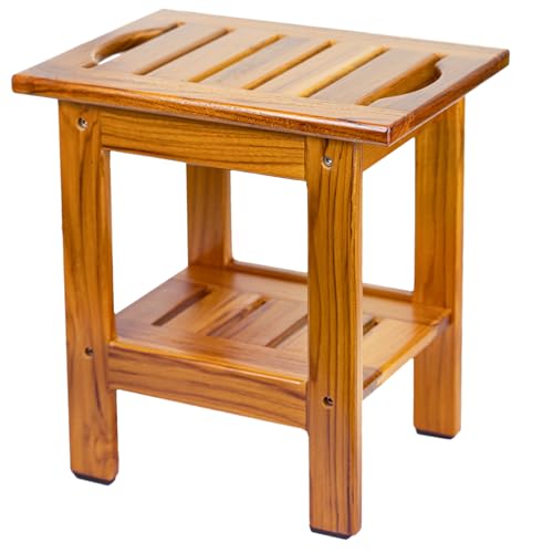 Utoplike Panca doccia in teak, sgabello compatto da doccia con mensola e maniglia, sedile piccolo in legno a 2 ripiani con piedini antiscivolo per bagno, vasca da bagno o uso esterno