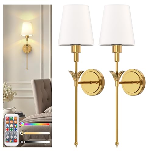 Image of DORESshop Battery Operated Wall Sconce Set of 2, Wireless Wall Light Easy to Install, 7 Color Rechargeable Wall Sconces, Sconce Wall Decor Set of 2 for Bedroom, Living Room, Brass, 24.6in