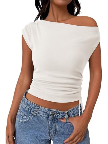 PRETTYGARDEN Womens 2025 Summer Off The Shoulder Crop Cute Tops Sleeveless One Shoulder Ruched Y2K Going Out Tank Top