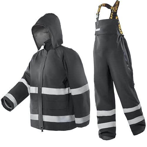 Image of Men's PRO Hi-Vis Waterproof Workwear Rain Jacket & Bib Pants with Hood, 3-Piece Safety Durable Functional Nylon Oxford Shell