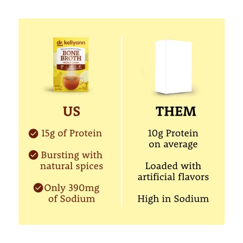 Image of Dr. Kellyann French Onion Bone Broth Packets (7 Servings) - 16g Protein, Grass-Fed Hydrolyzed Collagen, Keto & Paleo-Friendly, 1 Box
