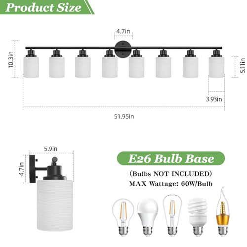 Image of 8-Light Vanity Lights, Black Bathroom Light Fixture with Striped Textured Milky White Glass Shade, Modern Vanity Lighting Fixture for Bathroom Wall Light Over Mirror, E26 Wall Sconce