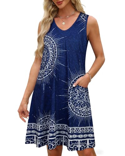 Image of elescat Womens Summer Dresses Casual V Neck Sleeveless Pockets Beach Loose Tank Sundress 2026