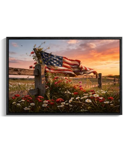 Image of American Flag Framed Canvas Wall Art, 4th of July Floral Canvas Prints, Wildflower Meadow Landscape Patriotic Decorations, Vintage Rustic Independence Day Wall Decor for Bedroom Living Room 20x24