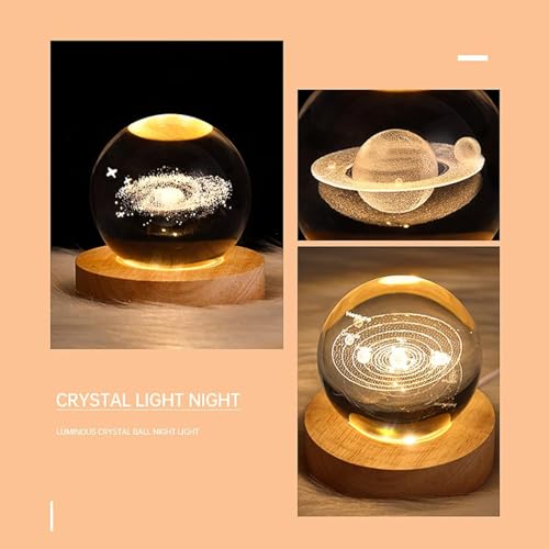 Image of 3D Saturn Crystal Globe Lamp | Engraved Crystal Ball Night Light with Wooden Base | USB LED Table Lamp for Bedroom, Office, Home Decor & Gift Purpose (Saturn, Warm White)