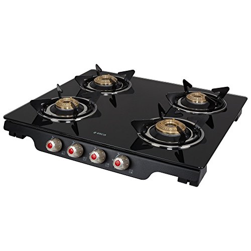 Image of Elica Glass 4 Burner Auto Ignition Open Gas Stove (Patio Ict 460 Blk Ai S), Black