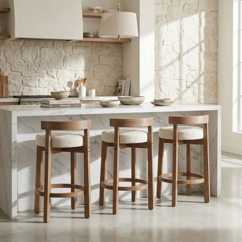 Image of LukeAlon Mid Century Linen Counter Stools Set of 4, Upholstered 26.5 inch Seat Height Low Barstools with Natural Wood Legs Round Low Back Kitchen Stools with Footrest for Dining Room, Beige