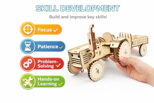 Image of FLERCISADIY Wooden Tractor Model Kit for Kids | STEM Science Experiment Toy | 3D Puzzle Craft | Educational Engineering Toy for Boys & Girls (8+ Years) (Tractor)