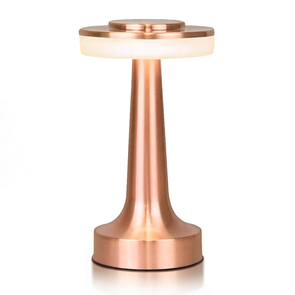 Touch Control Cordless Table Lamp, 3-Step Dimming with Adjustable Color Temperature, Battery Powered LED Light for Office Desk and Bedroom Use, Elegant Rose Gold Finish.