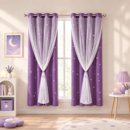 Kinryb Purple Kids Star Cutout Curtains for Bedroom 52" W x 63" L 2 Panels