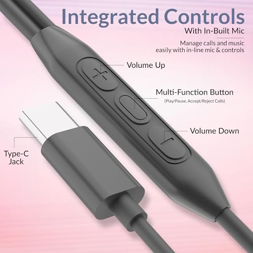 Image of AROMA HF1004 Type C Wired Earphone with HD Quality in-Line Mic,12mm Driver Hi-Res Wired