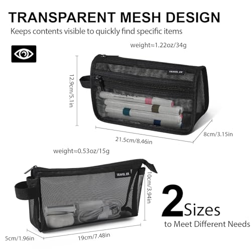 2-Pack Grid Mesh Pencil Case with Handle and Zipper, Double Layer Clear Pencil Pouch, Travel Makeup Bag and Small Toiletry Bag for Purse, Marker Pouch, College Essentials School Supplies (Black)
