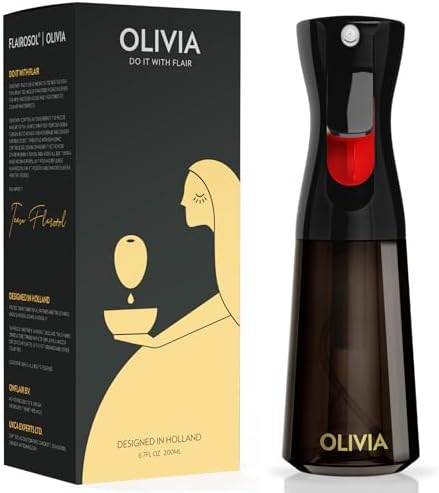 FLAIROSOL OLIVIA Oil Sprayer for Cooking, 200ml Glass Olive Oil Sprayer, Continuous Cooking Spray Dispenser with Portion Control for Kitchen, Air Fryer, Salad, BBQ (Black Bottle, Gold Print)
