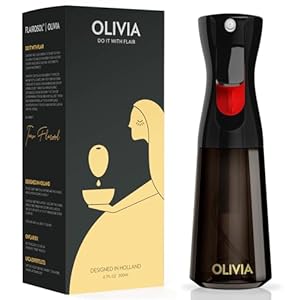 FLAIROSOL OLIVIA Oil Sprayer for Cooking, 200ml Glass Olive Oil Sprayer, Continuous Cooking Spray Dispenser with Portion Control for Kitchen, Air Fryer, Salad, BBQ (Black Bottle, Gold Print)