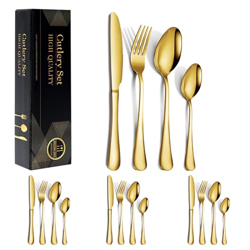 16-Piece Golden Silverware Cutlery Set Service for 4 Stainless Steel Flatware Set Including Spoons/Forks/Knives Tableware Utensil Set for Kitchen/Home/Restaurant Mirror Polished Dishwasher Safe