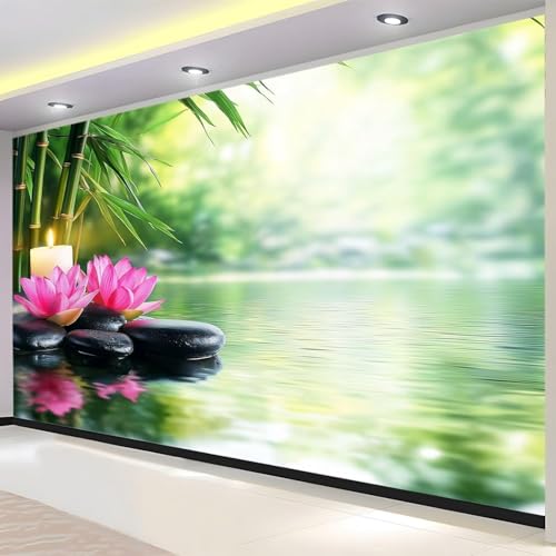 Buohwiwe Papier Peint Panoramique Thème Zen Mural 350x256 cm 3D Papier Peint Intisse Pierre de Bambou Fresque Murale Chambre Coucher Salon Décoration Photo...