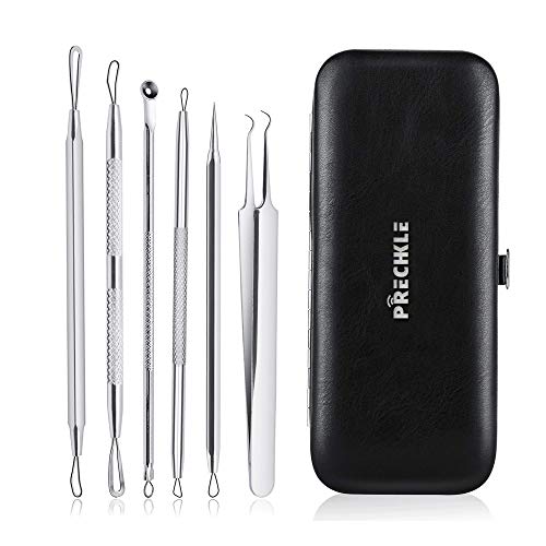 Removedor de Espinillas de Prechkle, Herramienta Profesional de 6 Cabezas de Acero Inoxidable para Extraer Comedones, el Mejor kit de Eliminación de Acné con Bolsa de Cuero
