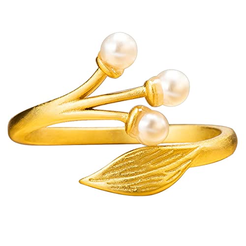 Bague ouverte réglable pour femme style antique avec perle et coquille