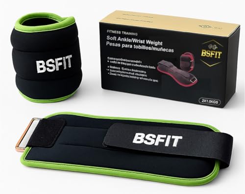 BSFIT pesas para tobillos 1 kg, Set de 2 Pesas de Neopreno, selecciona el peso 0,5kg, 1kg, 1,5kg o 2kg, tobillera para ejercicio y Entrenamiento en casa, lastres, ankle weights (2x 1kg Verde O)
