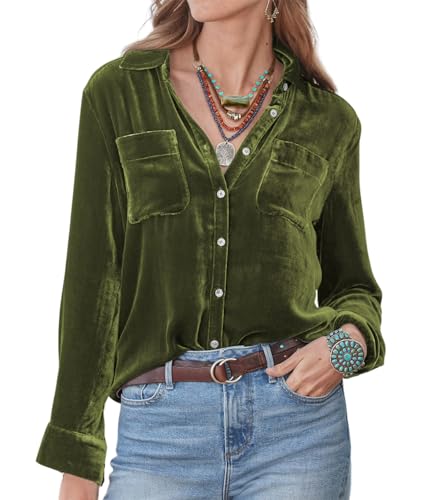 Image of R.Vivimos Womens Top Long Sleeve V Neck Casual Velvet Shirt(L,ArmyGreen#2)