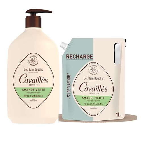 Gel bain douche - Amande Verte | Protège & Régénère la peau | Nettoie en douceur | Peaux sensibles | Sans savon| Pack : Gel douche 1L + éco-recharge 1L