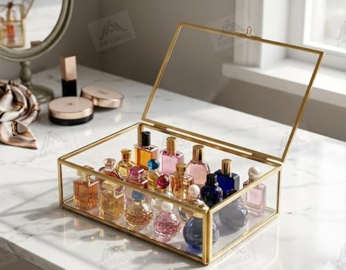 Image of Art India Collections Vintage Rectangular Brass Glass Box, Multiutility Purpose - Jewelry Organizer, Decorative Accent, Wedding Bridal Party Gift 18X12X5 Cm