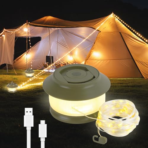 Caossuixin 65.6ft Retractable Camping String Lights, 2 in 1 Outdoor Fairy Lights with 5 Lighting, 3000mAh Camping Essentials Lamp Lights Waterproof,Hanging Portable LED Lamp for Tent,Yard, Hiking