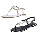 SheSole Women's Pearl & Rhinestone T-Strap Flat Sandals Bundle - White & Black Dressy Beach Wedding Shoes Size US 9