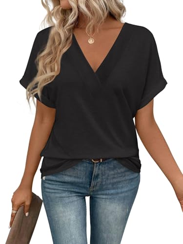 TrendiMax Damen T-Shirt V Ausschnitt Kurzarm Sommer Lose Shirts Casual Oberteile Bluse Tops, Schwarz, XL