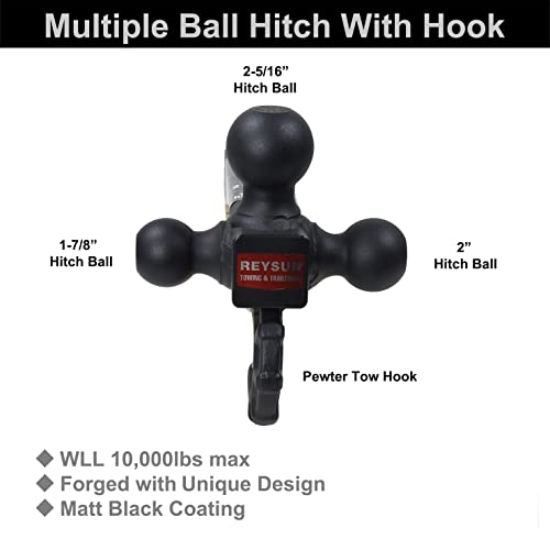Image of Trailer Hitch 864011L Tri Ball Mount with Hook, Tactical Tow Hook, Fits 2 inch Hitch Receiver, Secure with Self-Lock Latch, Matt Black, 5 /8 Inch Hitch Lock Included