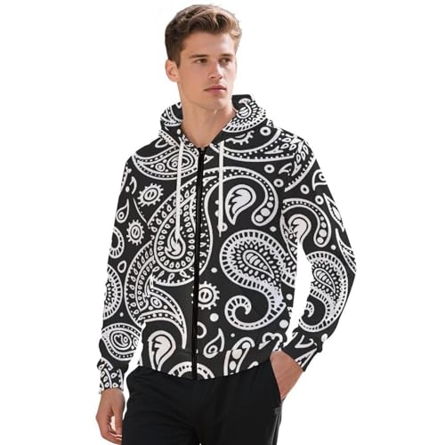 Black White Bandana Paisley Men's Hoodie Full-zip Hooded Sweatshirt Zip-up Pockets Jackets