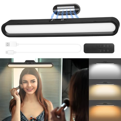 vsshe LED Spiegelleuchte Schminklicht, 2000mAH Wiederaufladbar Magnet-Spiegel Beleuchtung Unterbauleuchte Küche LED | Ohne Kabel | 3 Farben Dimmbar | Touch-Steuerung | Zeitfunktion | Fernbedienung